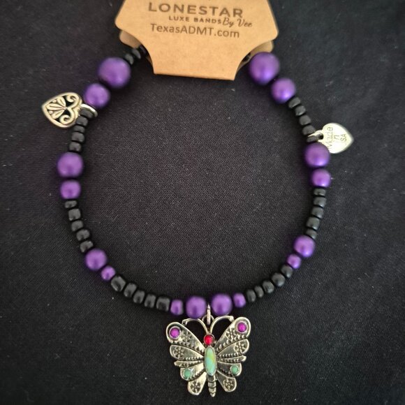 Western Purple & Black Beaded Hat Band with Butterfly Charm - Picture 3 of 4